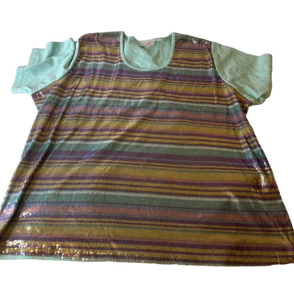 Quacker Factory Striped Sequin Tunic Top Mint Sleeves fun fashion Sz 3X Bling